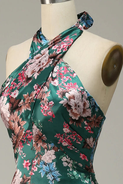 Flower Print Halter Prom Dress With Lace Up