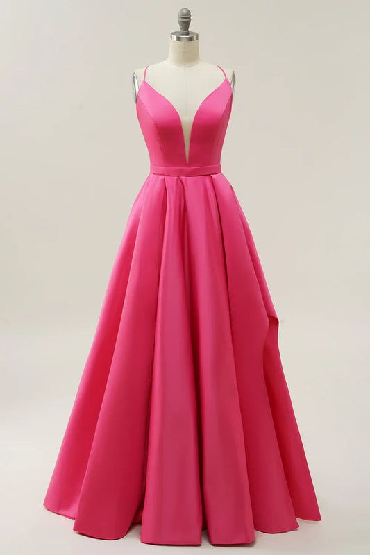 Deep V Neck Floor Length A-Line Spaghetti Straps Ball Gown