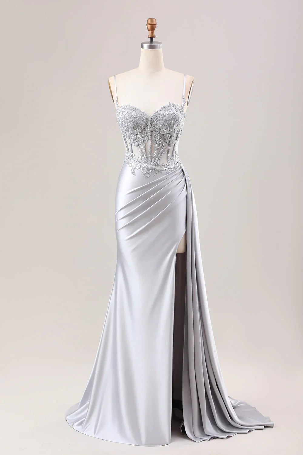Mermaid Pleated Sheer Long Corset Satin Prom Dress With Slit