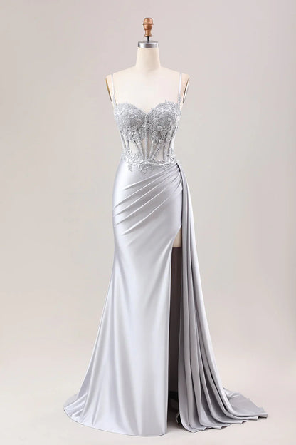 Mermaid Pleated Sheer Long Corset Satin Prom Dress With Slit