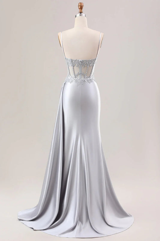 Mermaid Pleated Sheer Long Corset Satin Prom Dress With Slit
