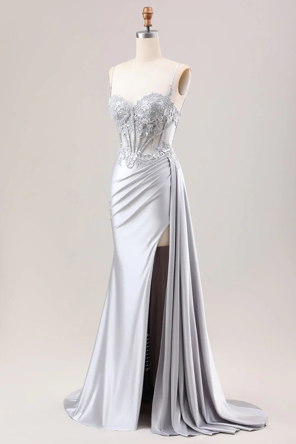 Mermaid Pleated Sheer Long Corset Satin Prom Dress With Slit