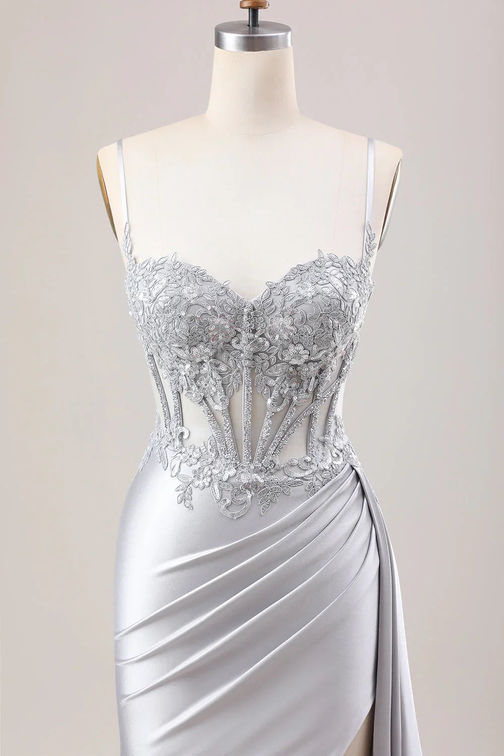 Mermaid Pleated Sheer Long Corset Satin Prom Dress With Slit