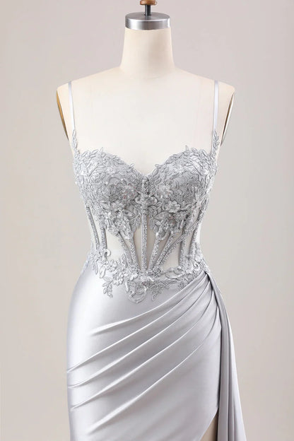 Mermaid Pleated Sheer Long Corset Satin Prom Dress With Slit