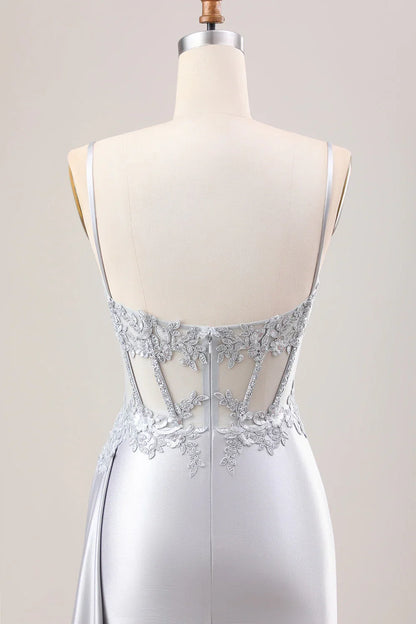 Mermaid Pleated Sheer Long Corset Satin Prom Dress With Slit