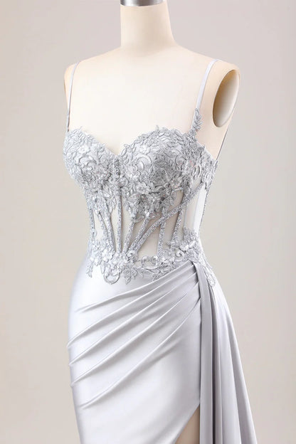Mermaid Pleated Sheer Long Corset Satin Prom Dress With Slit