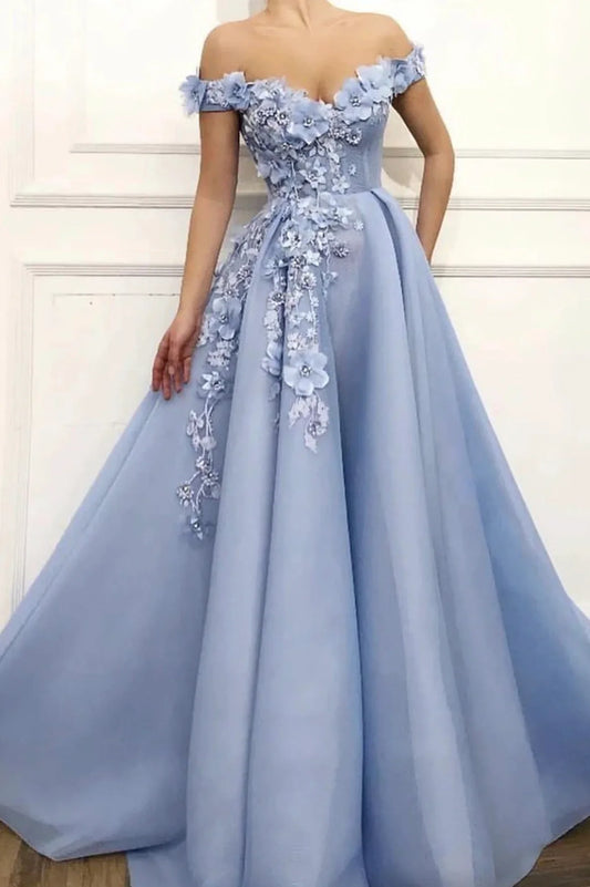 A-Line Blue Off the Shoulder Long Prom Dress