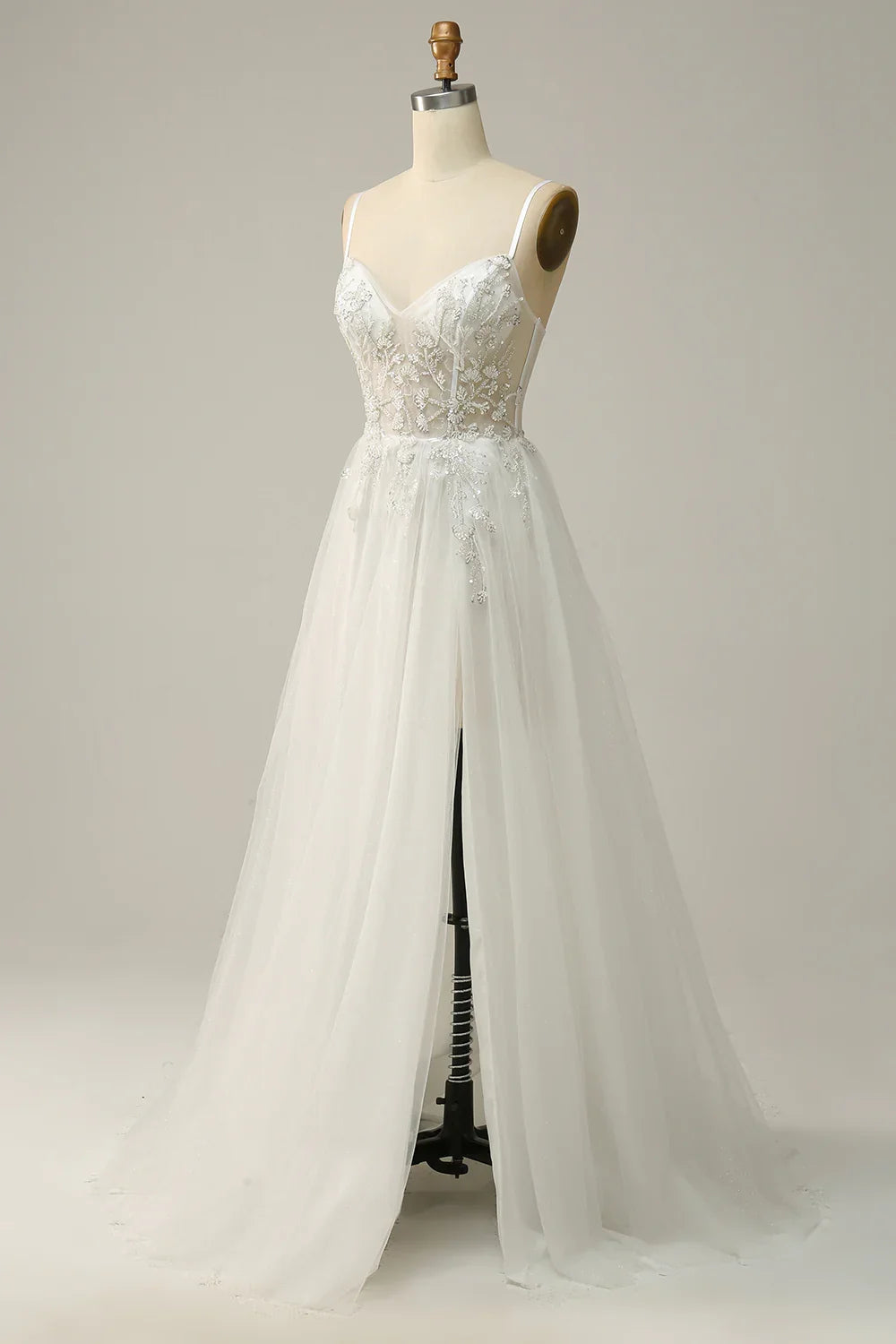 A Line Spaghetti Straps White Tulle Prom Dress With Beading