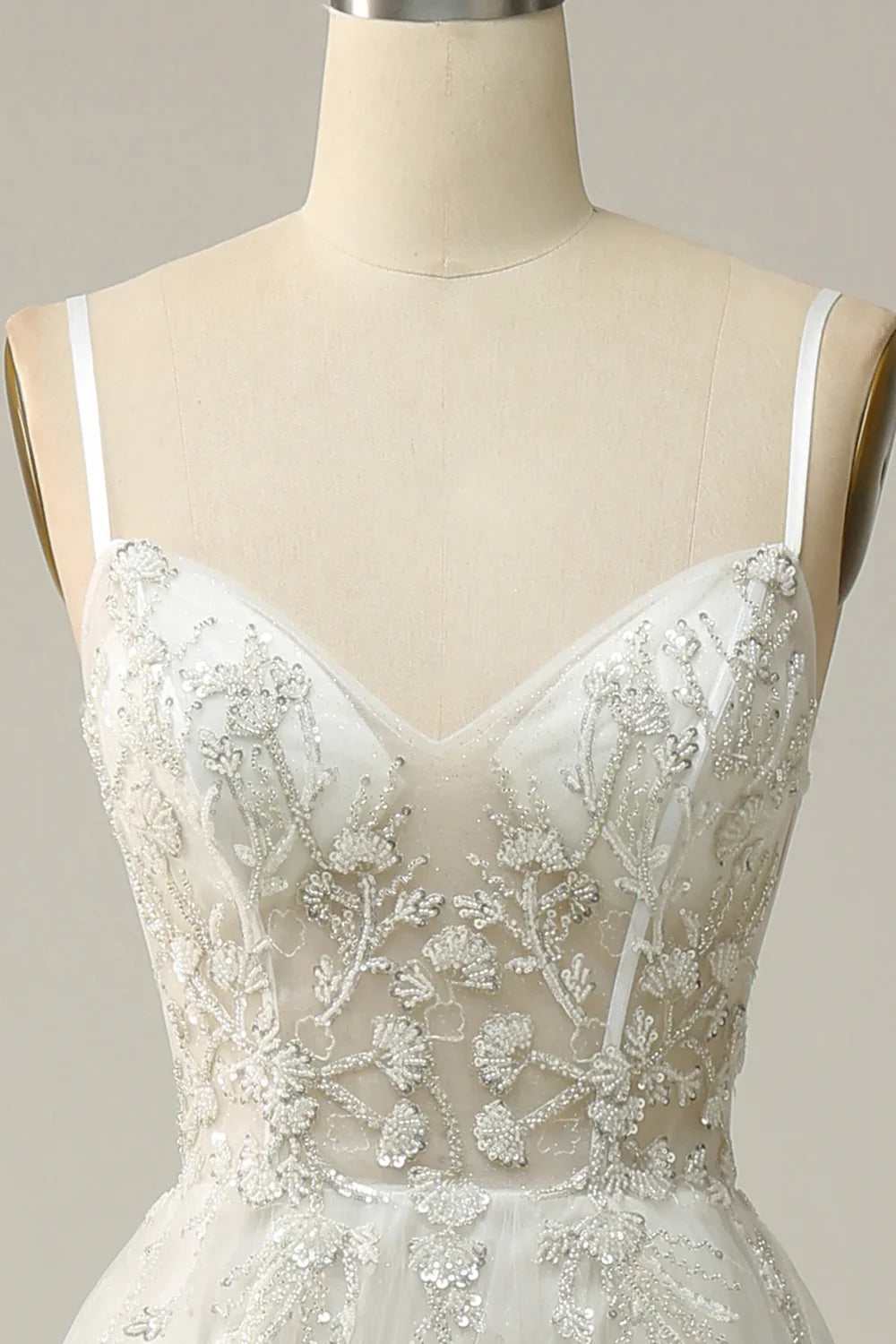 A Line Spaghetti Straps White Tulle Prom Dress With Beading