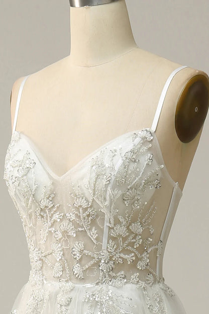 A Line Spaghetti Straps White Tulle Prom Dress With Beading