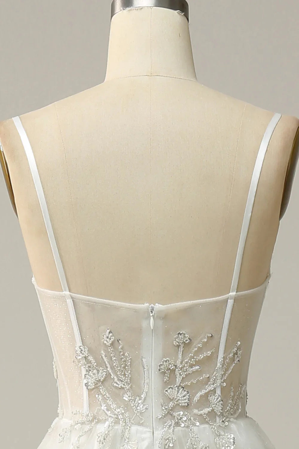 A Line Spaghetti Straps White Tulle Prom Dress With Beading