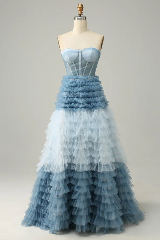 Off-the-Shoulder Light Blue A Line Sweetheart Tiered Prom Dress