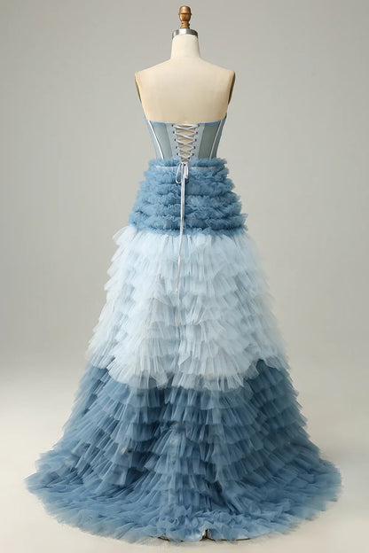 Off-the-Shoulder Light Blue A Line Sweetheart Tiered Prom Dress