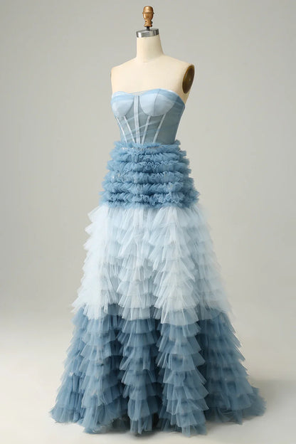 Off-the-Shoulder Light Blue A Line Sweetheart Tiered Prom Dress