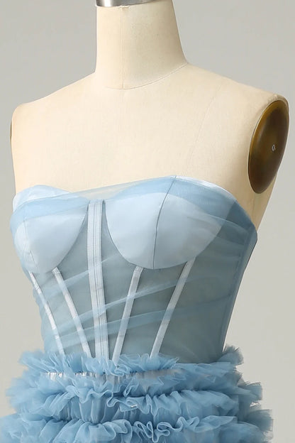 Off-the-Shoulder Light Blue A Line Sweetheart Tiered Prom Dress