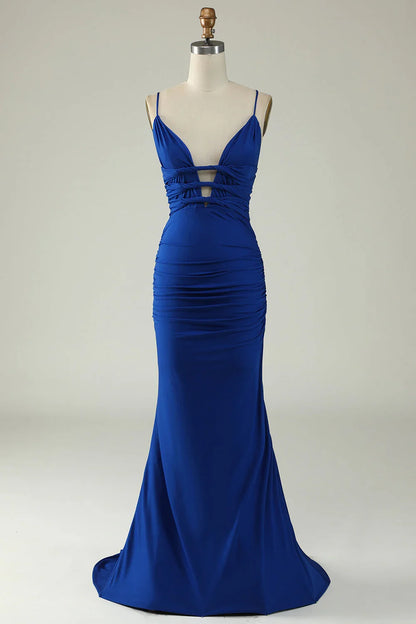 Lace Up Deep V Neck Mermaid Spaghetti Straps Prom Dress With Cross Back