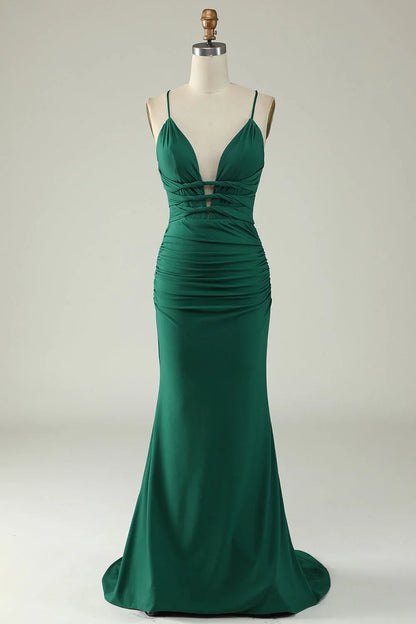 Lace Up Deep V Neck Mermaid Spaghetti Straps Prom Dress With Cross Back