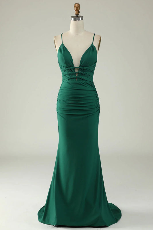 Lace Up Deep V Neck Mermaid Spaghetti Straps Prom Dress With Cross Back