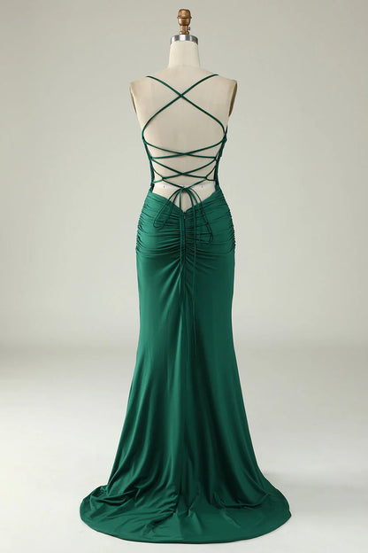 Lace Up Deep V Neck Mermaid Spaghetti Straps Prom Dress With Cross Back