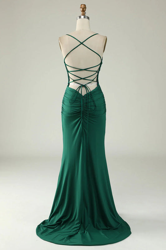 Lace Up Deep V Neck Mermaid Spaghetti Straps Prom Dress With Cross Back