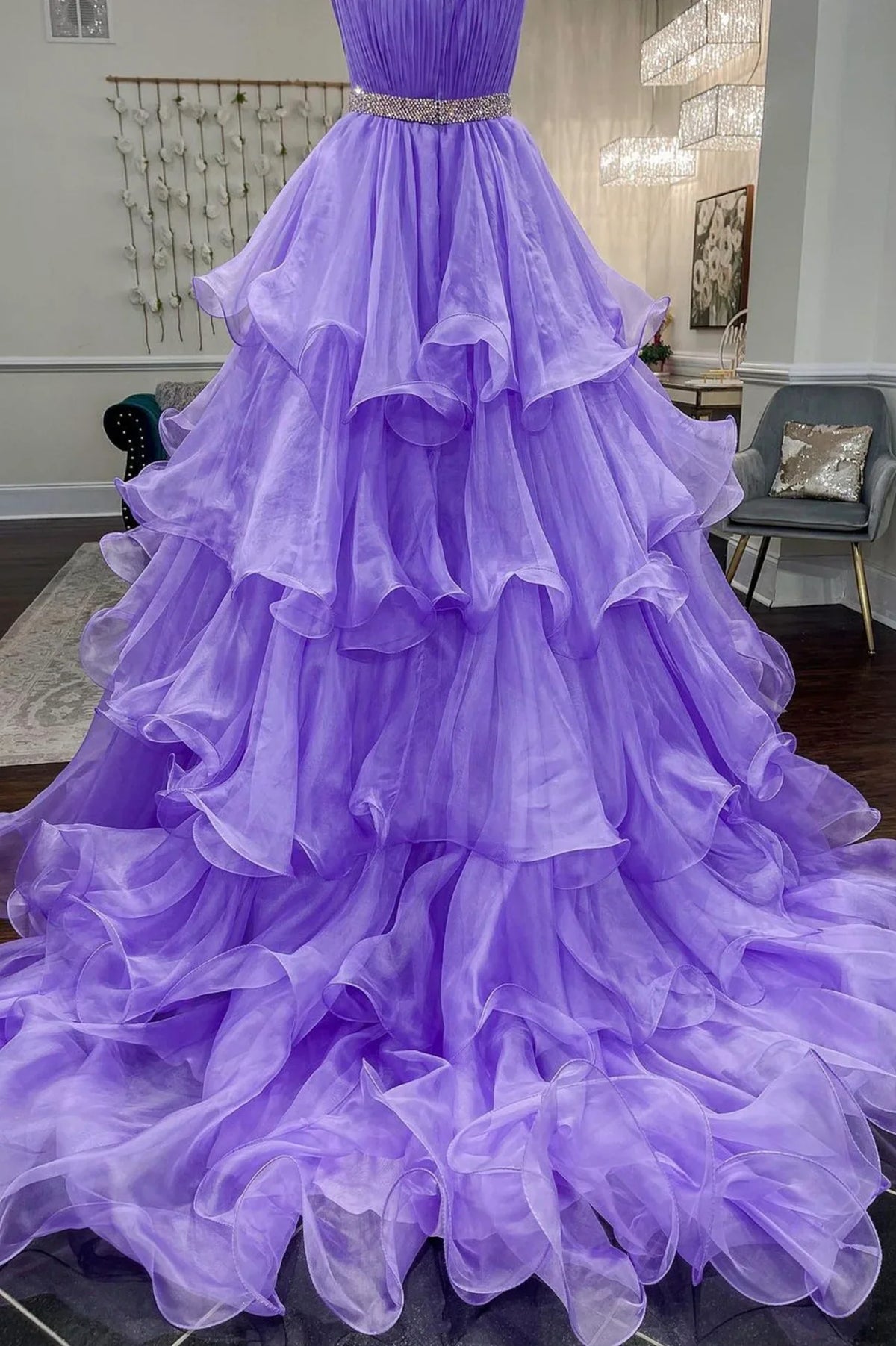 Purple Strapless Organza Long Princess Quinceanera Prom Dress