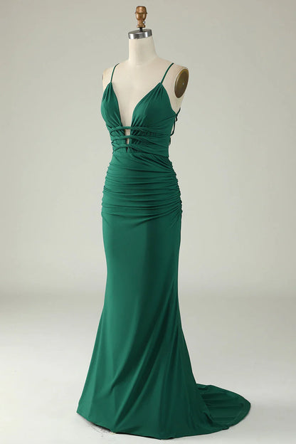 Lace Up Deep V Neck Mermaid Spaghetti Straps Prom Dress With Cross Back