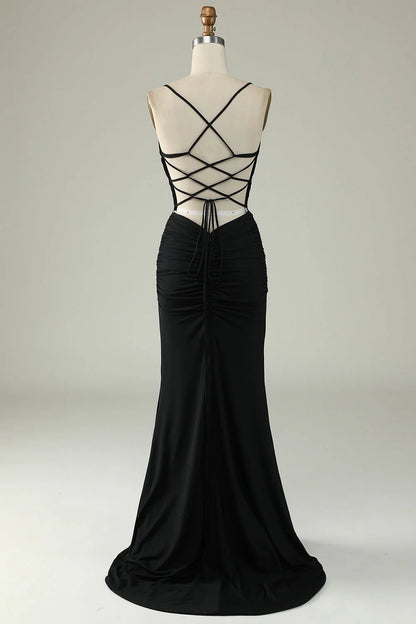 Mermaid Spaghetti Straps Middle Cutout Backless Prom Dress With Lace Up