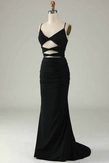 Mermaid Spaghetti Straps Middle Cutout Backless Prom Dress With Lace Up