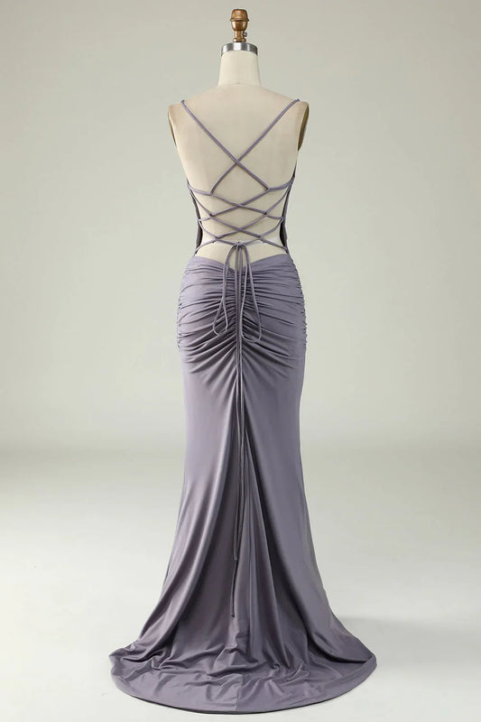Mermaid Spaghetti Straps Middle Cutout Backless Prom Dress With Lace Up
