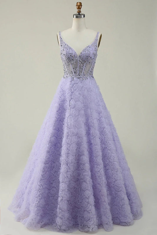 A Line V Neck Long Prom Dress With 3D Flowers