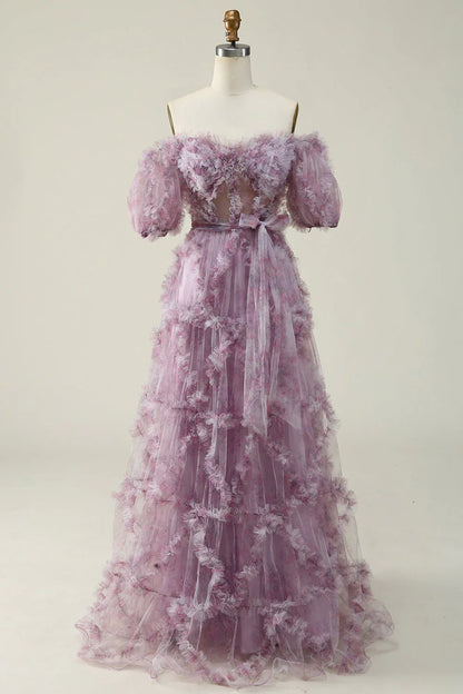 A Line Off The Shoulder Ruffles Vintage Prom Dress