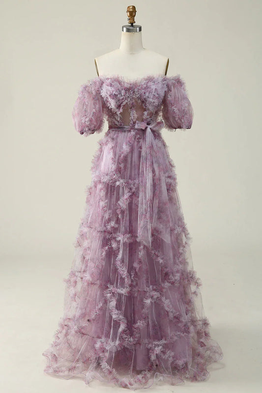 A Line Off The Shoulder Ruffles Vintage Prom Dress