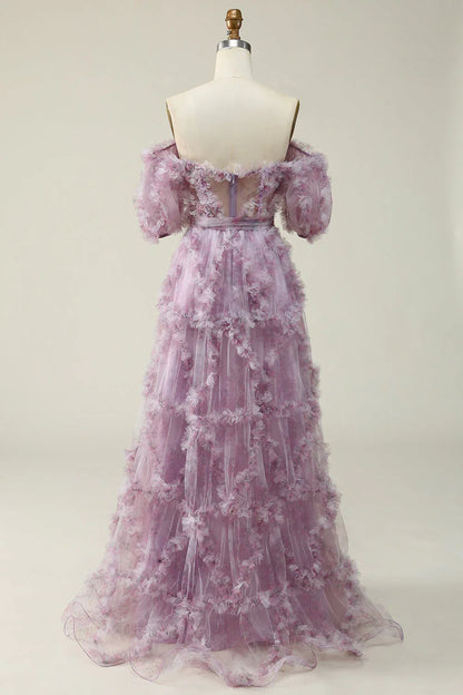 A Line Off The Shoulder Ruffles Vintage Prom Dress