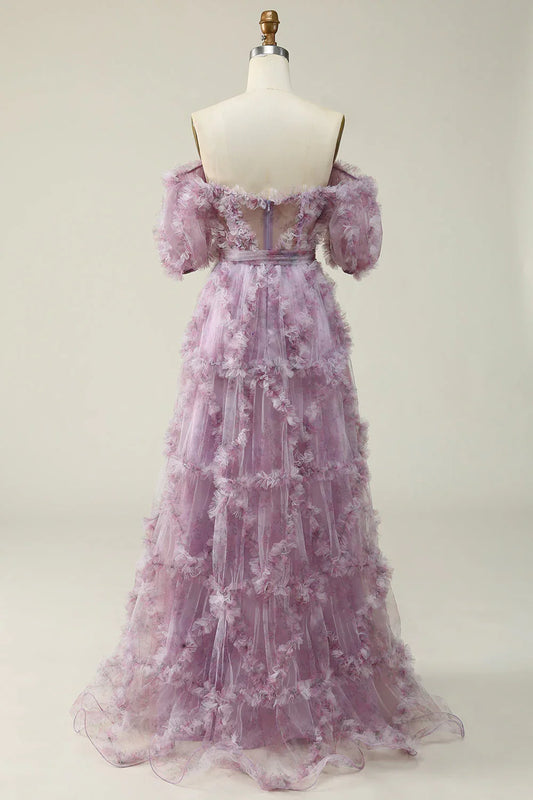 A Line Off The Shoulder Ruffles Vintage Prom Dress