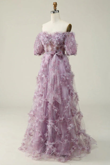 A Line Off The Shoulder Ruffles Vintage Prom Dress
