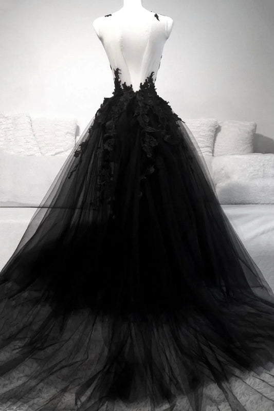 A-Line Lace Black Tulle Long Prom Dresses