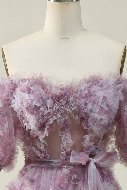 A Line Off The Shoulder Ruffles Vintage Prom Dress