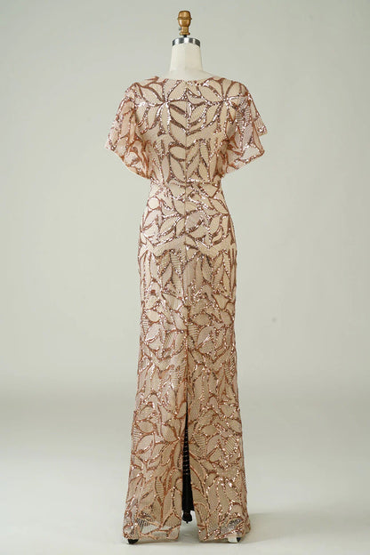 Sequins Long Champagne Prom Dress With Slit Back