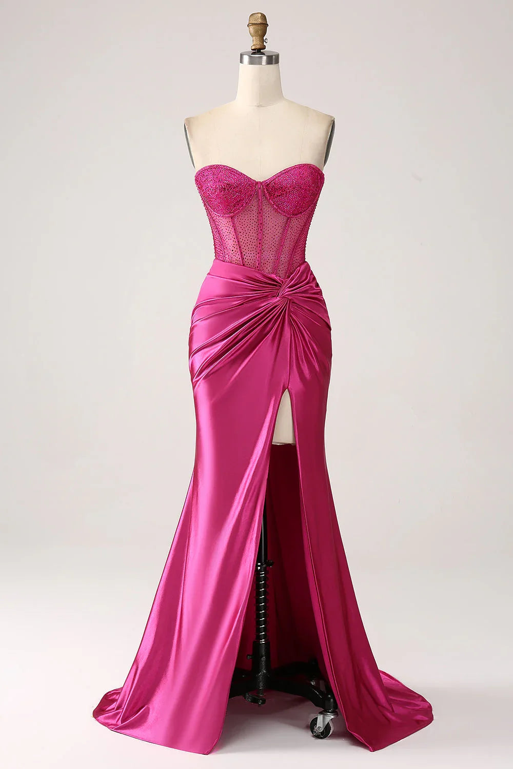 Mermaid Sweetheart Pleated Long Corset Satin Prom Dress With Slit
