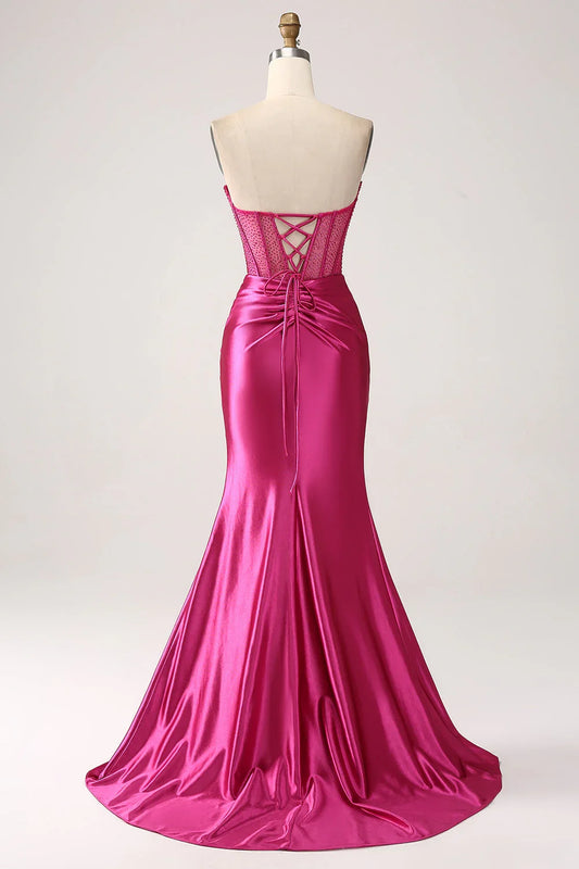 Mermaid Sweetheart Pleated Long Corset Satin Prom Dress With Slit