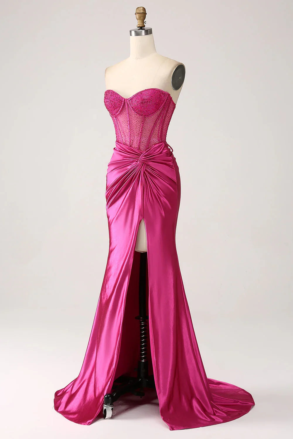Mermaid Sweetheart Pleated Long Corset Satin Prom Dress With Slit