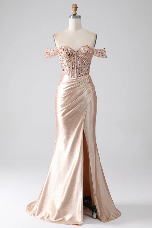 Off Shoulder Sweetheart Mermaid Champagne Corset Prom Dress