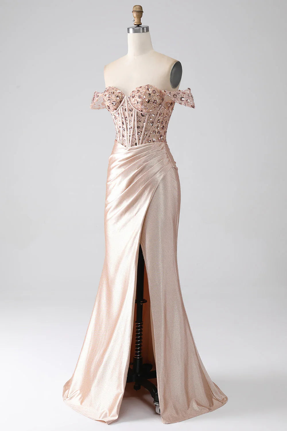 Off Shoulder Sweetheart Mermaid Champagne Corset Prom Dress