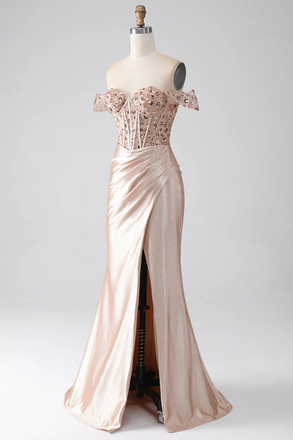Off Shoulder Sweetheart Mermaid Champagne Corset Prom Dress