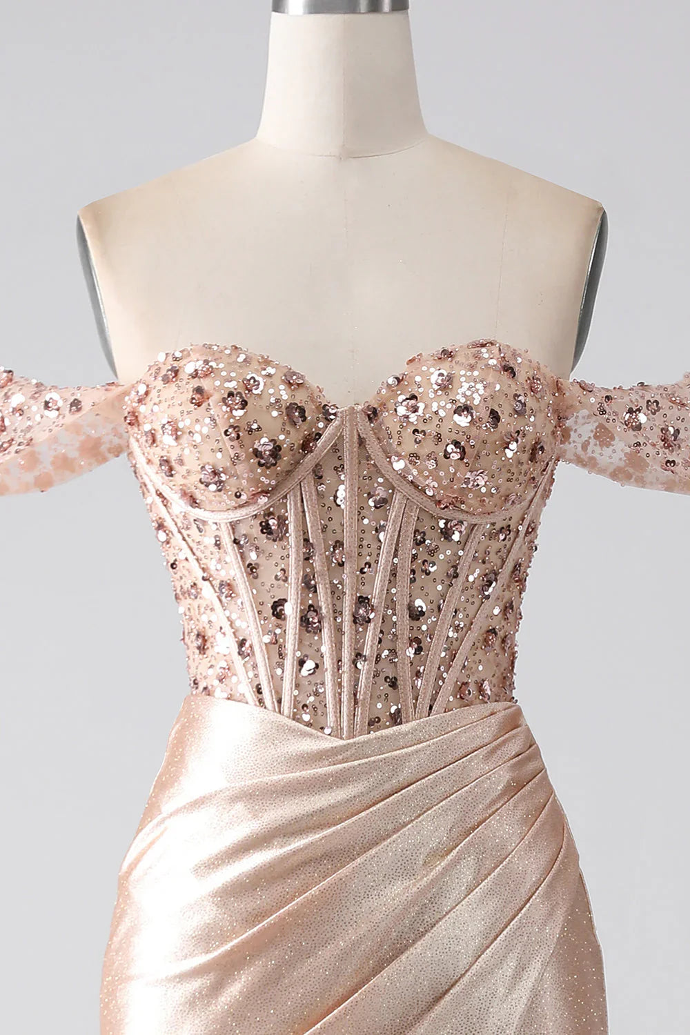 Off Shoulder Sweetheart Mermaid Champagne Corset Prom Dress