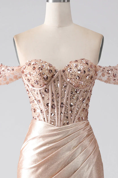 Off Shoulder Sweetheart Mermaid Champagne Corset Prom Dress
