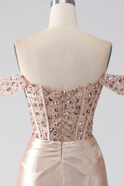 Off Shoulder Sweetheart Mermaid Champagne Corset Prom Dress