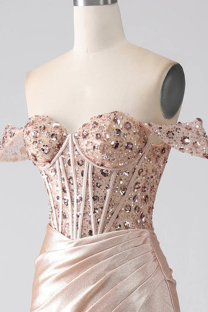 Off Shoulder Sweetheart Mermaid Champagne Corset Prom Dress