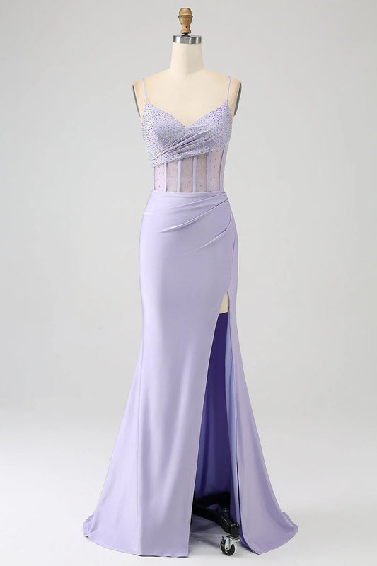 Glitter Corset Mermaid Long Prom Dress With Slit