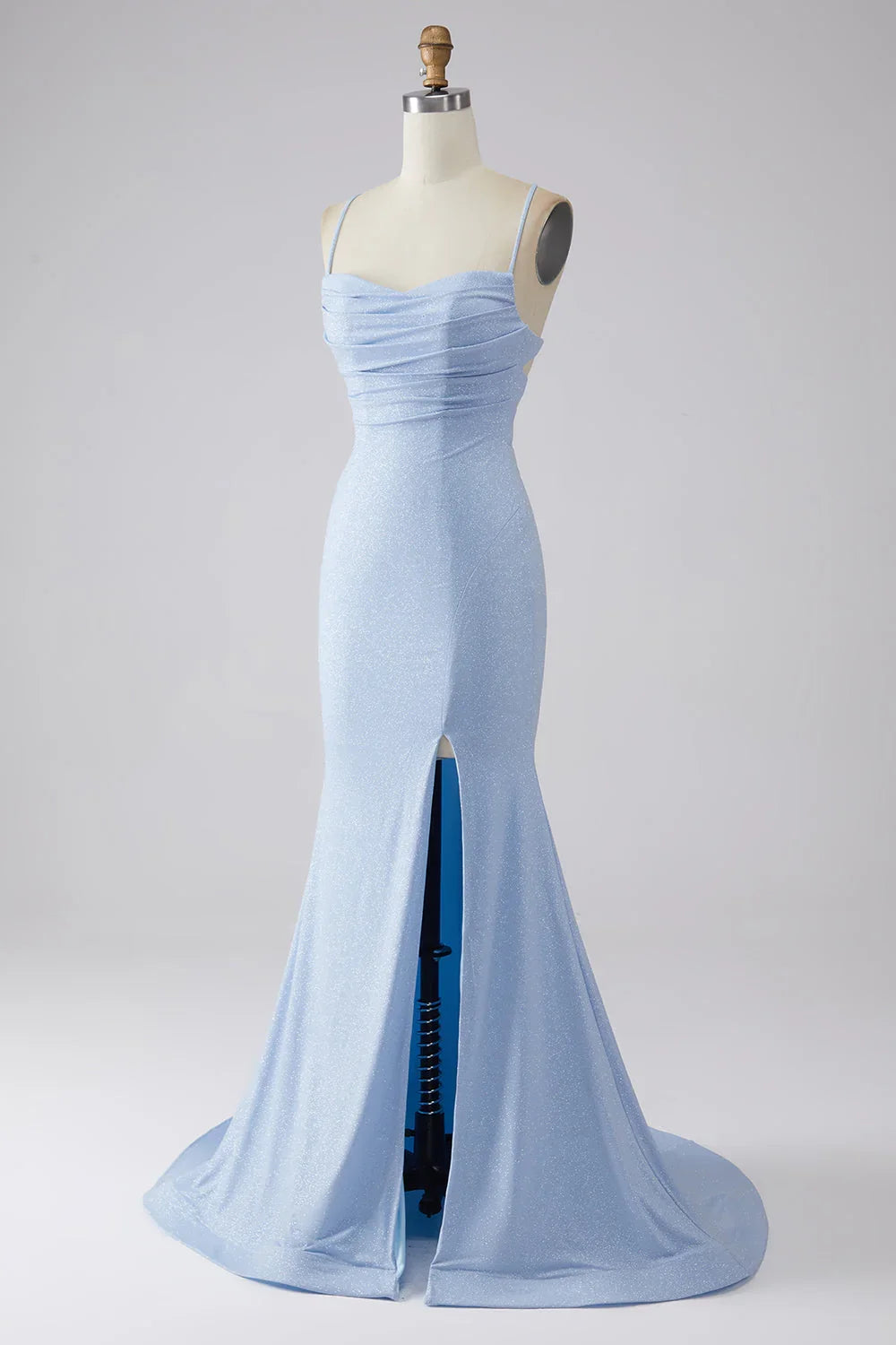 Sparkly Mermaid Light Blue Prom Dress With Slit